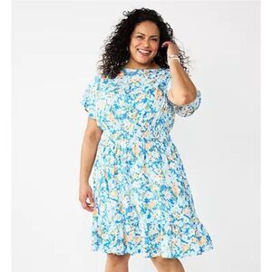 Croft & Barrow Plus Sz‎ 1X Short Sleeve Dress Blue Floral A-line Ruffle Boatneck